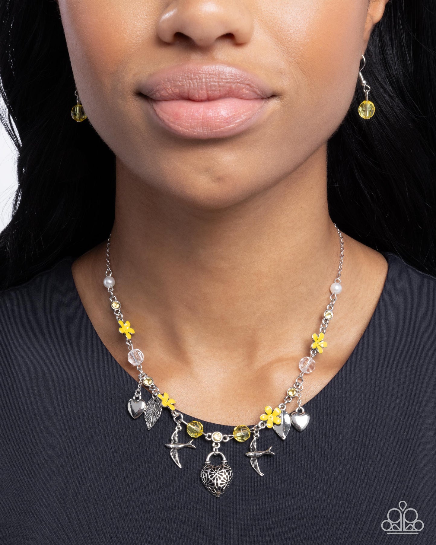 Flight of the Sparrow - Yellow Rhinestone Silver Necklace - Paparazzi Accessories