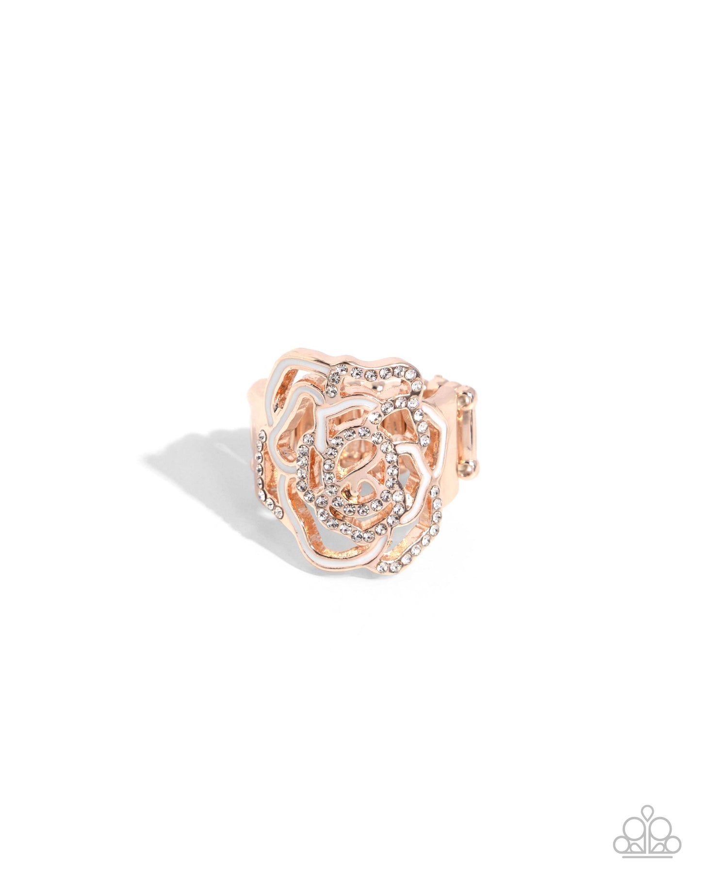 Repetitive Rose - Rose Gold White Rhinestone Flower Ring - Paparazzi Accessories
