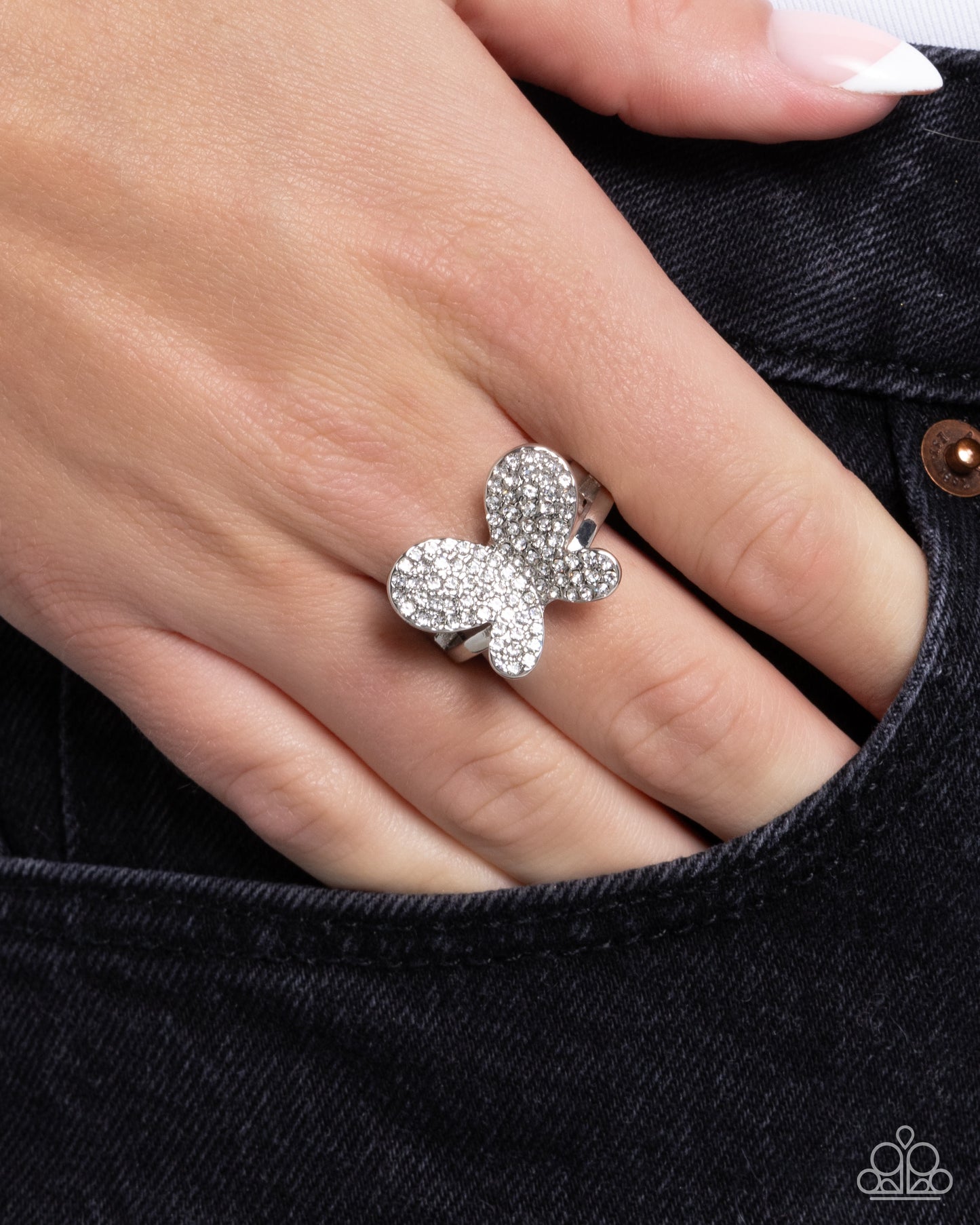 Aerial Anthem - White Rhinestone Silver Butterfly Ring - Paparazzi Accessories