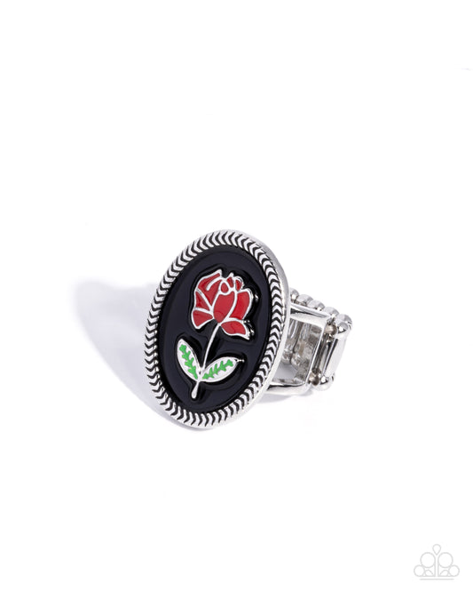Delicate Dowry - Black & Red Enamel Rose Silver Ring - Paparazzi Accessories
