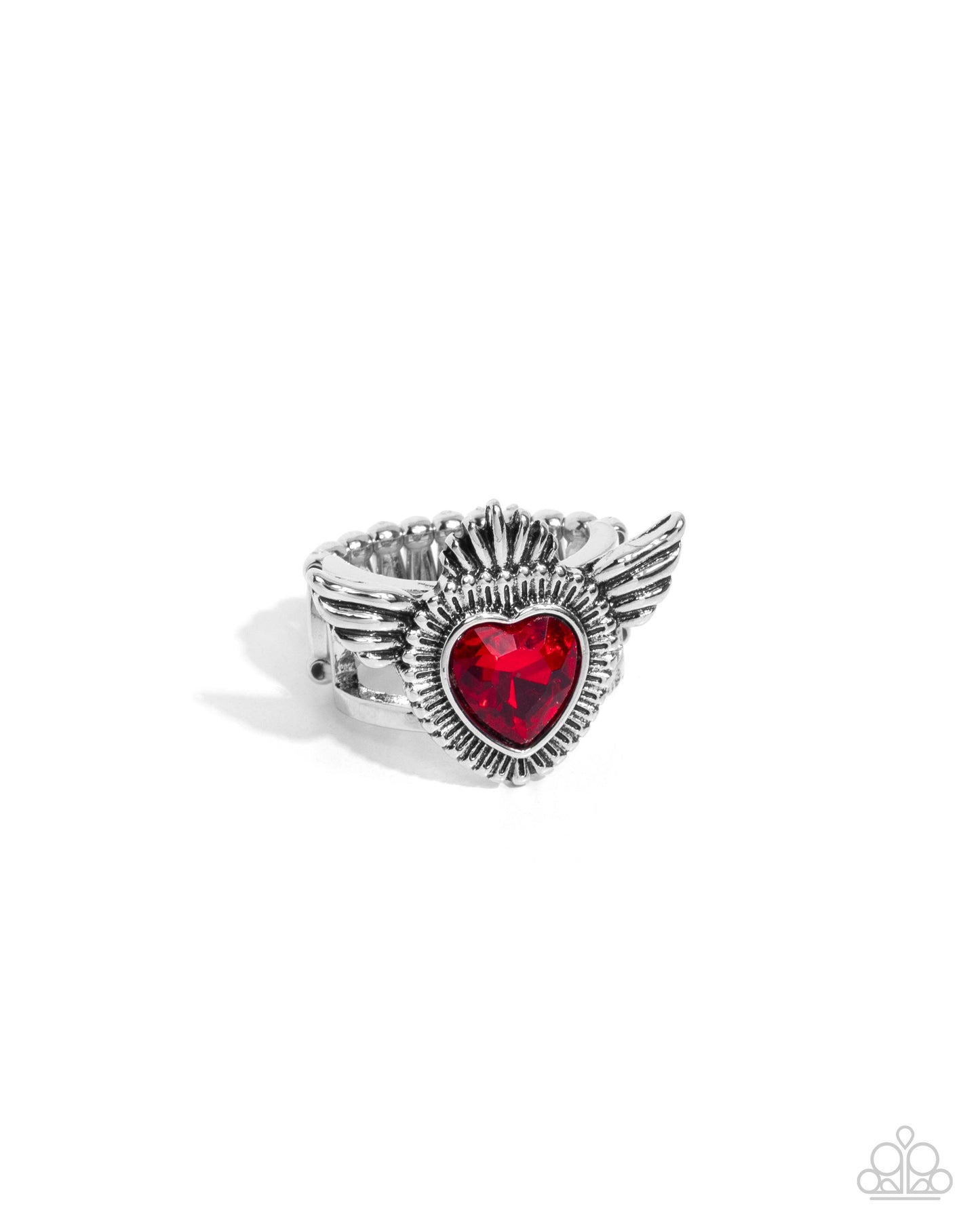 Diva Dame - Red Rhinestone Heart Silver Angel Wings Ring - Paparazzi Accessories