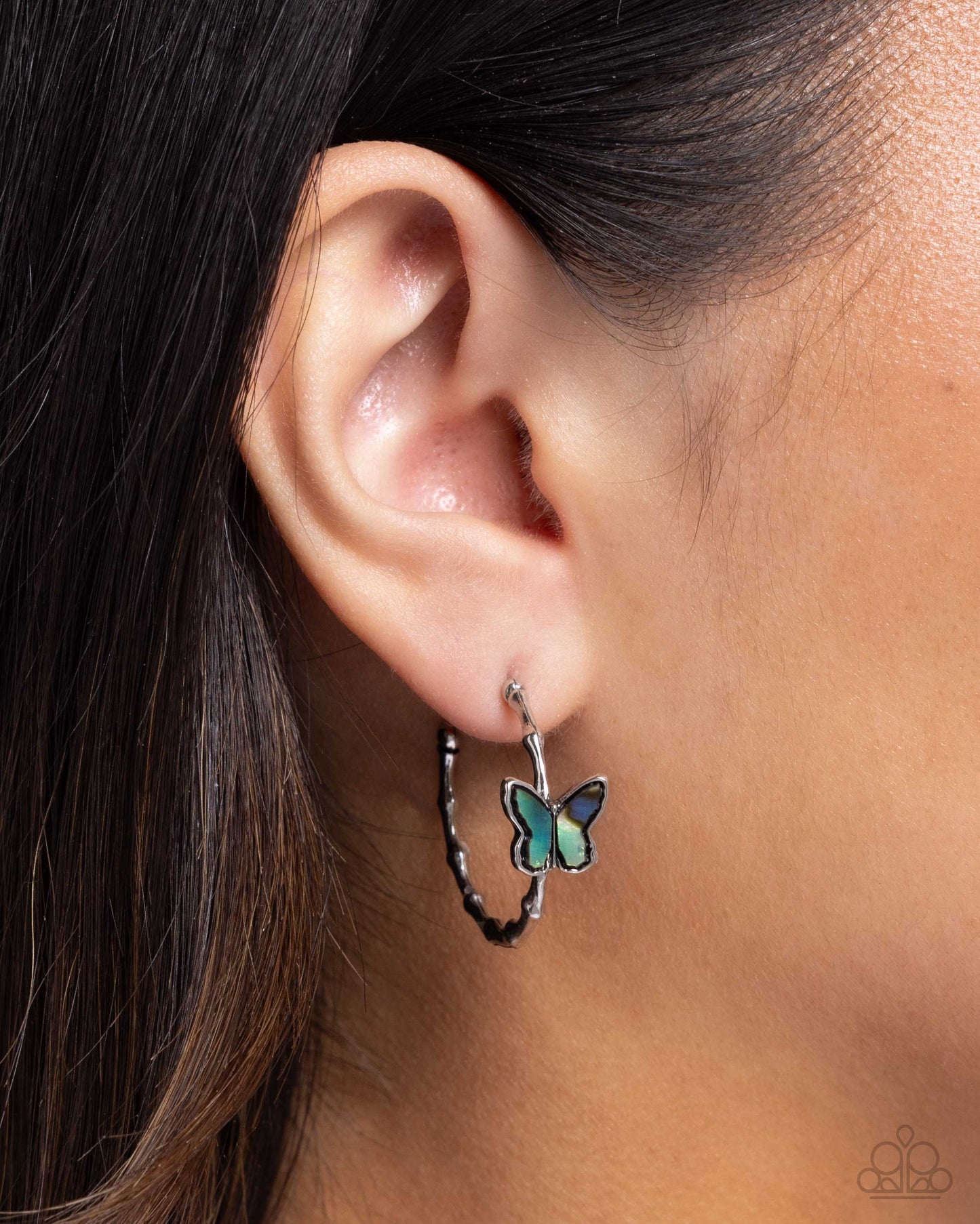 Butterfly Beginning - Blue Faux Abalone Shell Wings Silver Hoop Earrings - Paparazzi Accessories