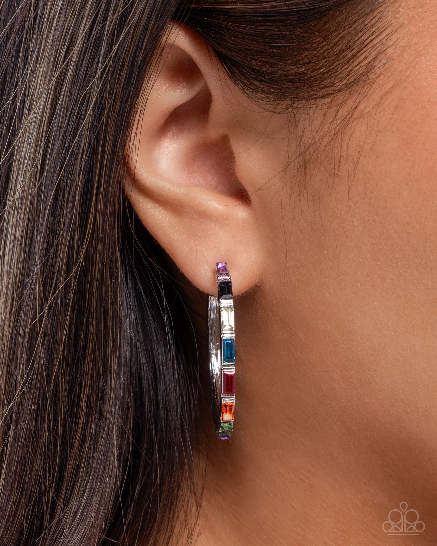 Carnival Chic - Multi Rainbow Gem Silver Hoop Earrings - Paparazzi Accessories