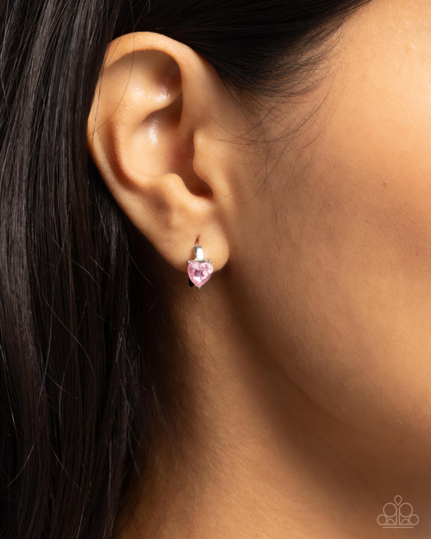 Tenuous Touch - Pink Gem Heart Silver Mini Hinge Hoop Earrings - Paparazzi Accessories