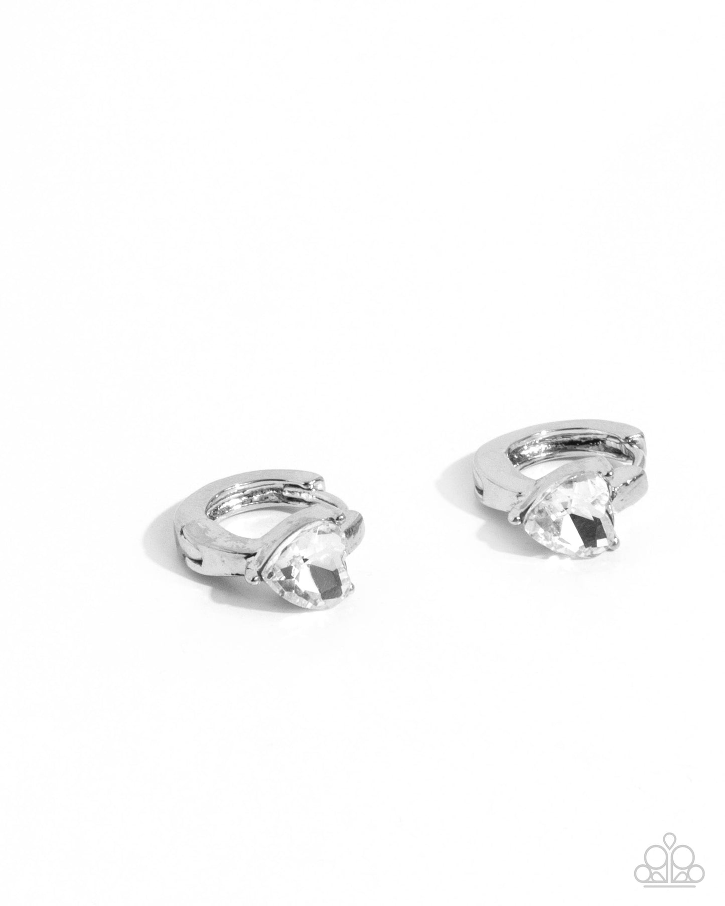 Tenuous Touch - White Gem Heart Silver Mini Hinge Hoops - Paparazzi Accessories