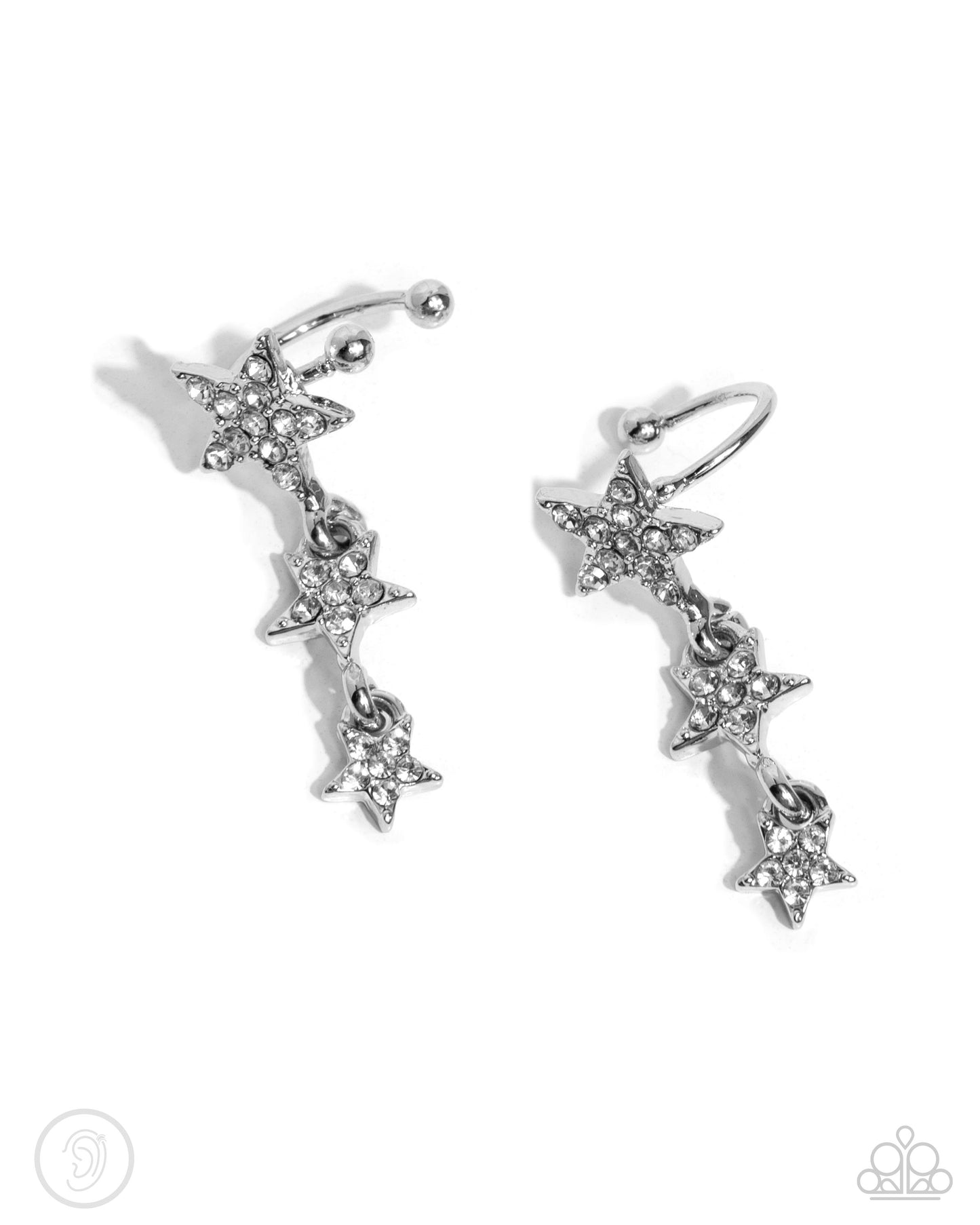 Stellar Surge - White Rhinestone Silver Ear Cuff Earrings - Paparazzi Accessories