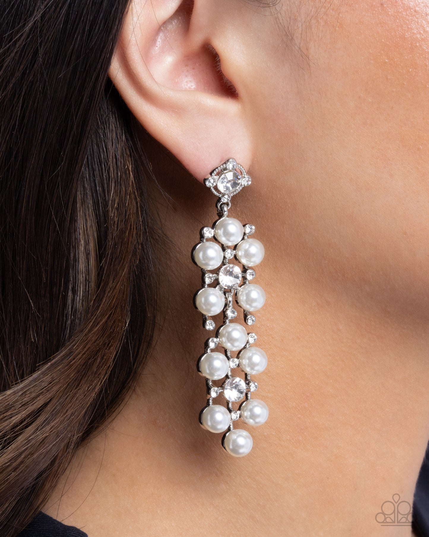 Bewitching Beacon - White Rhinestone & Pearl Silver Post Earrings - Paparazzi Accessories