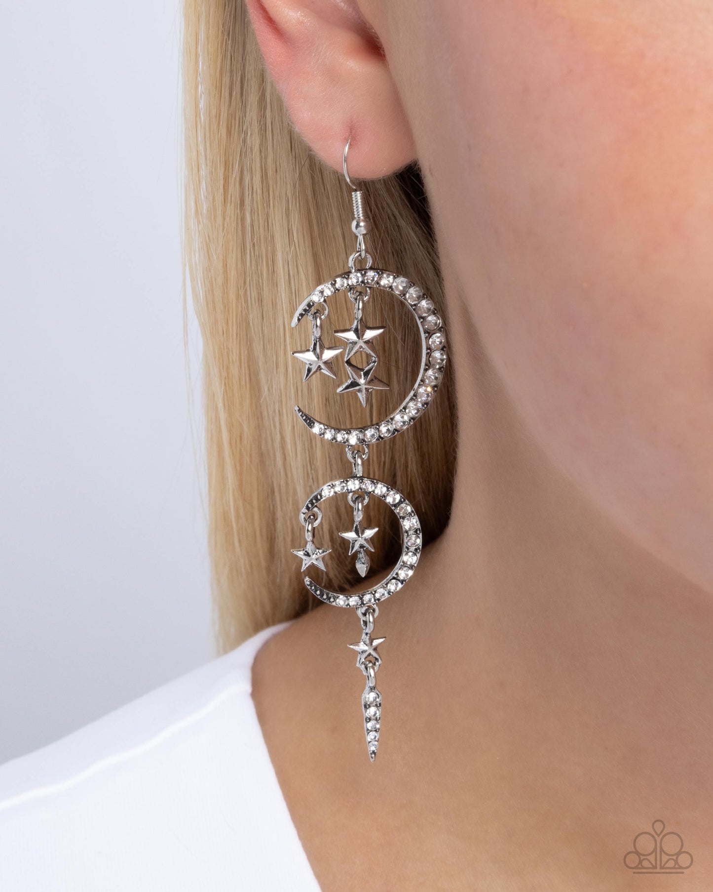 Celestial Cascade - White Rhinestone Silver Star & Crescent Moon Fishhook Earrings - Paparazzi Accessories