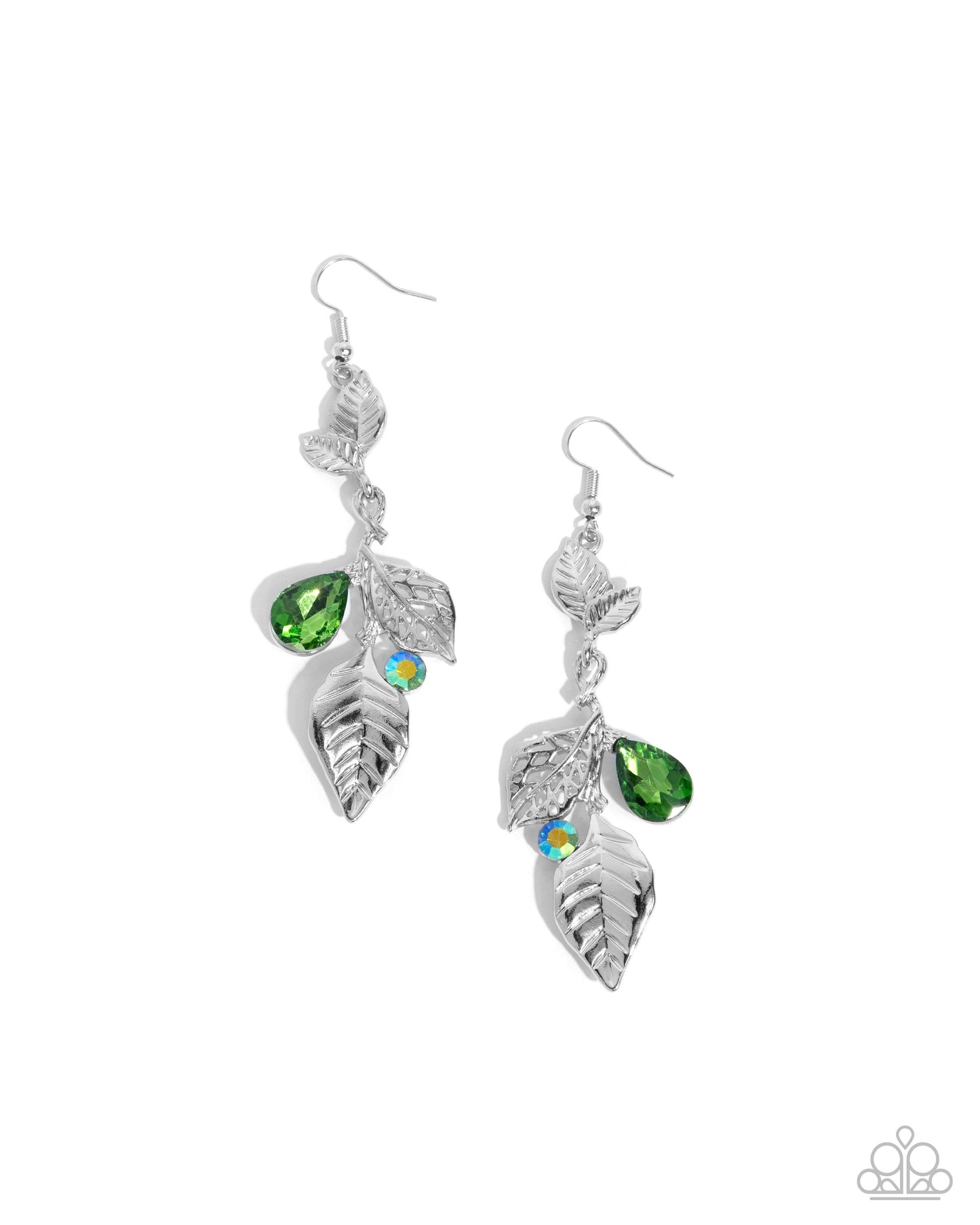 Descending Dazzle - Green Iridescent Rhinestone Silver Leaves Fishhook Earrings - Paparazzi Accessories