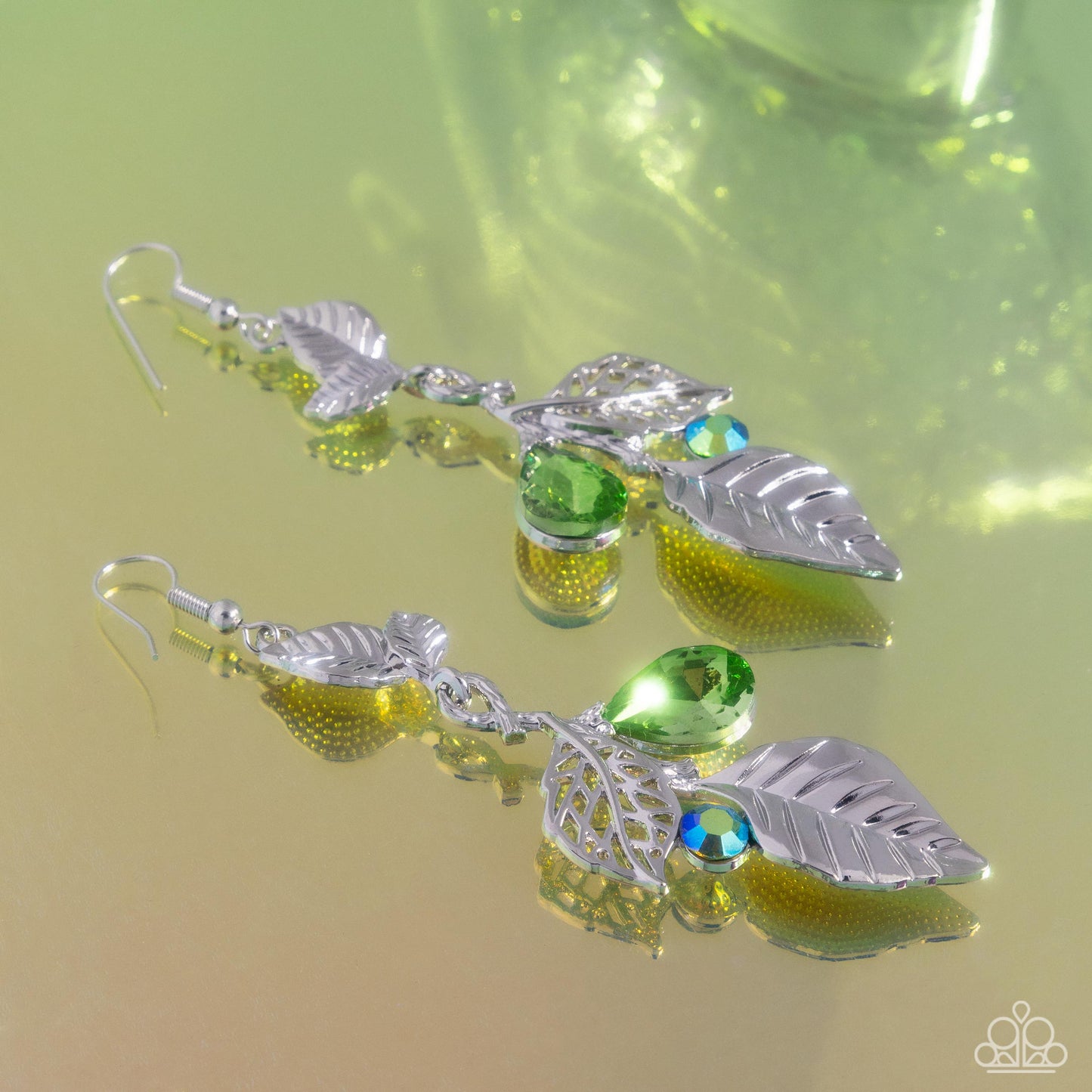 Descending Dazzle - Green Iridescent Rhinestone Silver Leaves Fishhook Earrings - Paparazzi Accessories