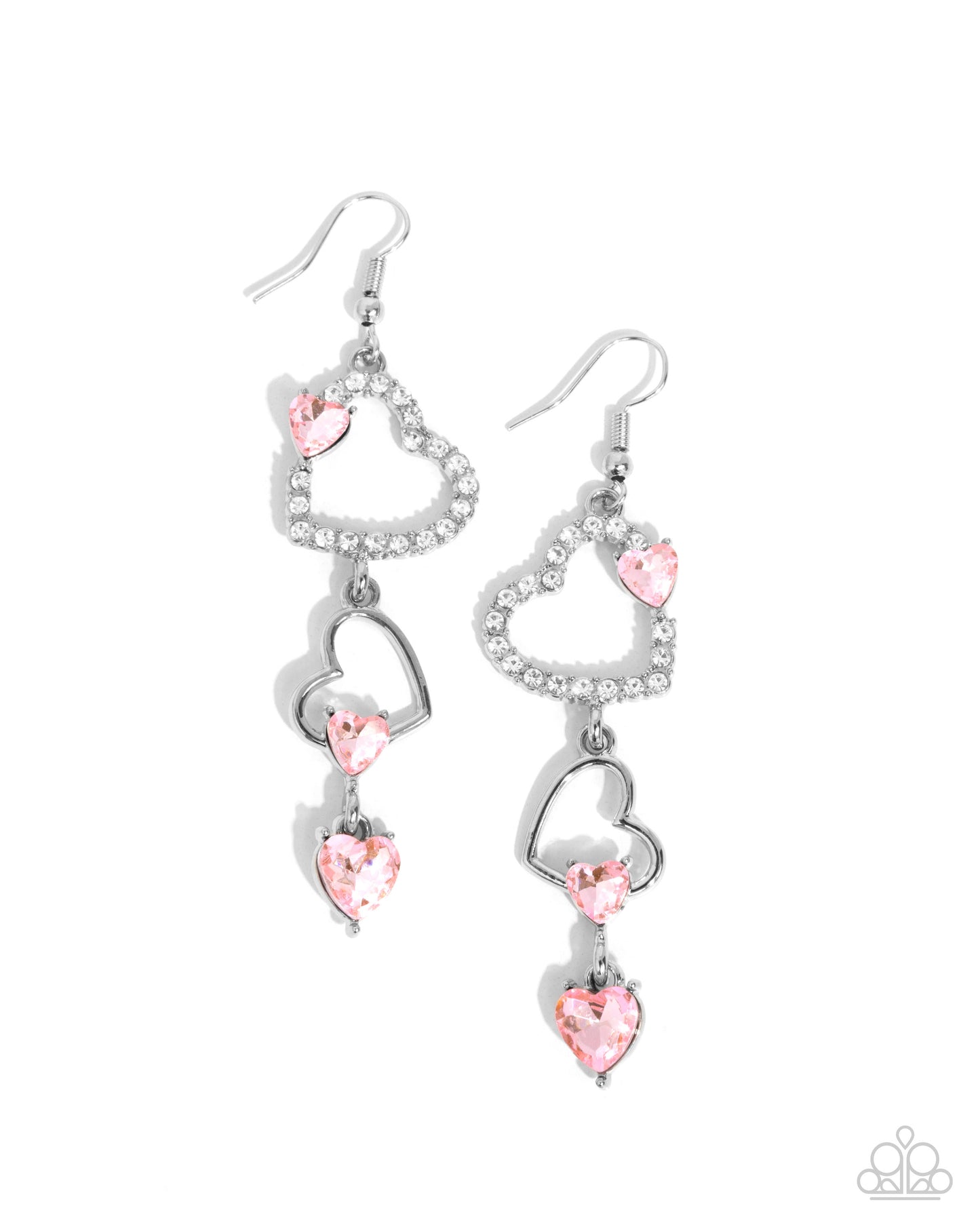 Courting Cascade - Pink Rhinestone Silver Hearts Fishhook Earrings - Paparazzi Accessories