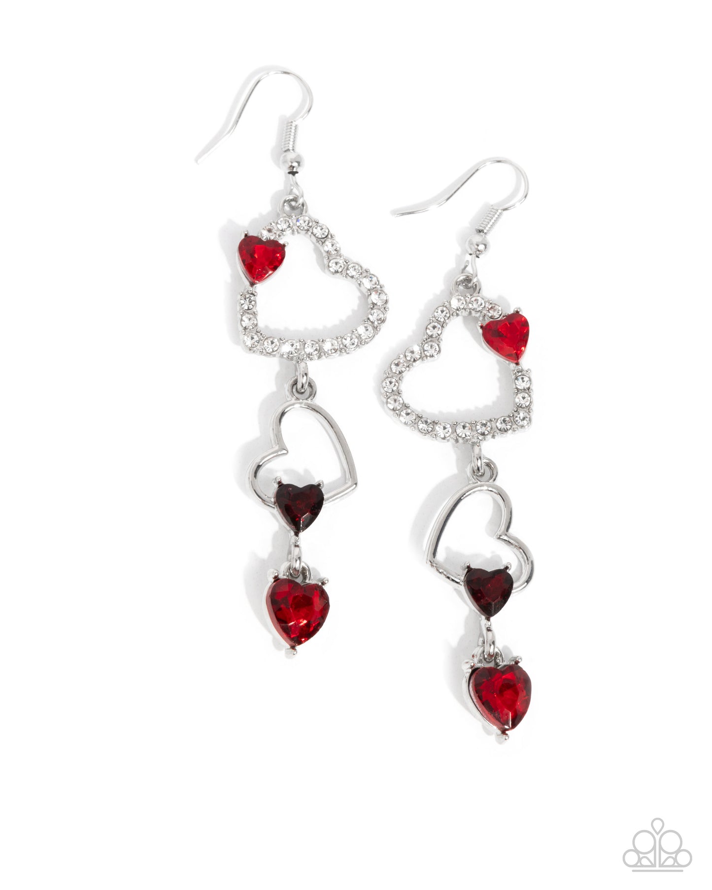 Courting Cascade - Red Rhinestone Silver Hearts Fishhook Earrings - Paparazzi Accessories