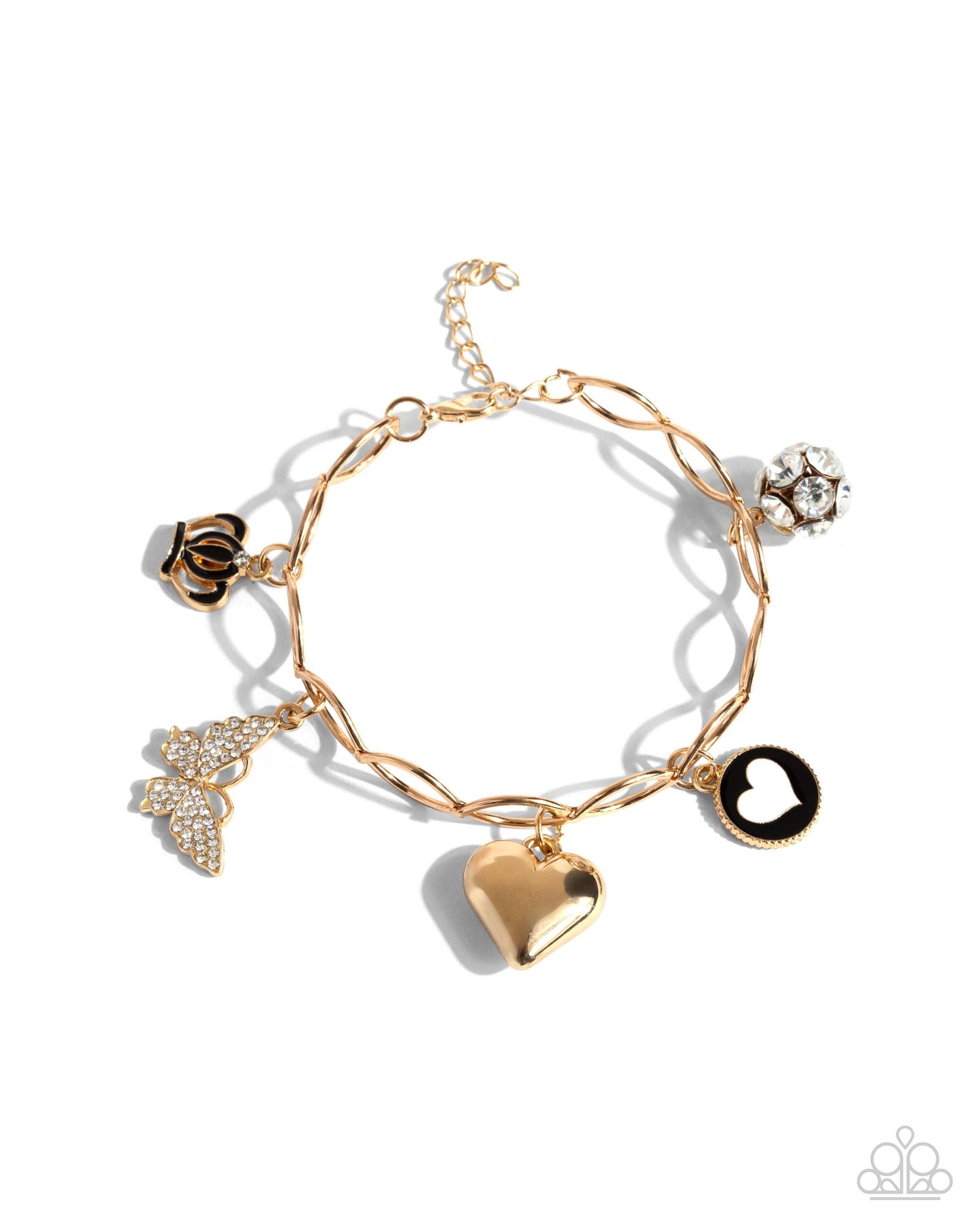 Lullaby Lucky - Gold Crown, Butterfly, Heart Charm Clasp Bracelet - Paparazzi Accessories