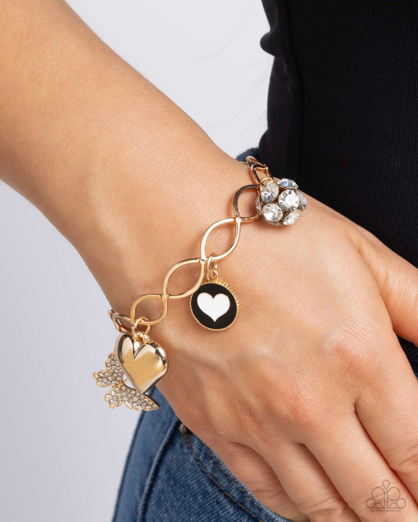 Lullaby Lucky - Gold Crown, Butterfly, Heart Charm Clasp Bracelet - Paparazzi Accessories