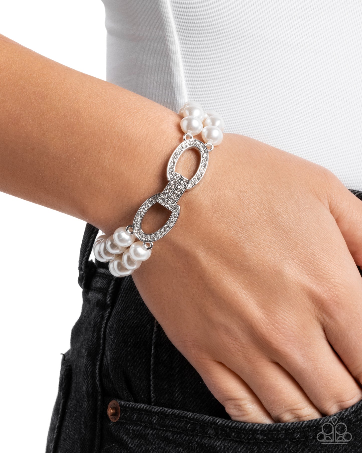 Fancy-Free Fanfare - White Pearl & Rhinestone Stretchy Bracelet - Paparazzi Accessories