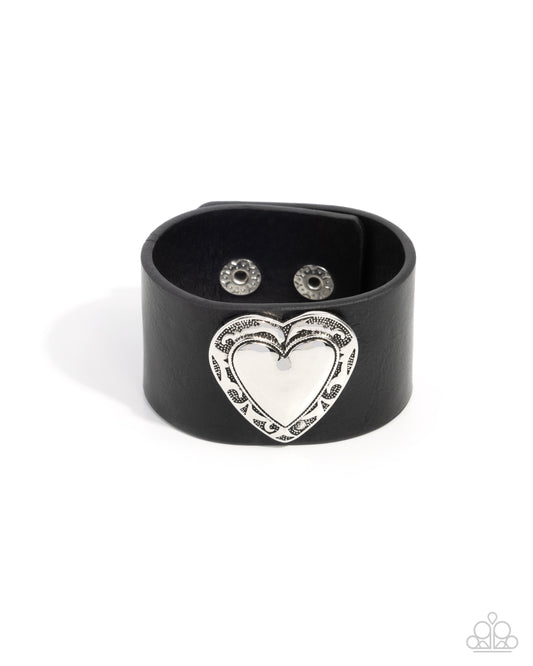 Decorated Debut - Black Leather Silver Heart Snap Wrap Bracelet - Paparazzi Accessories