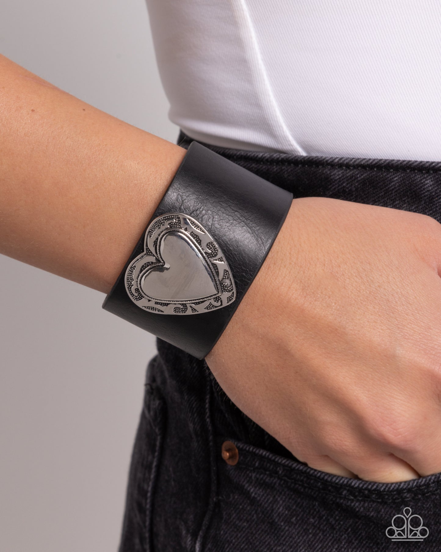 Decorated Debut - Black Leather Silver Heart Snap Wrap Bracelet - Paparazzi Accessories