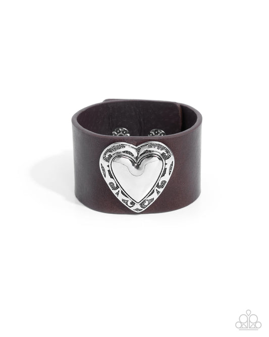 Decorated Debut - Brown Leather Silver Heart Wrap Bracelet - Paparazzi Accessories