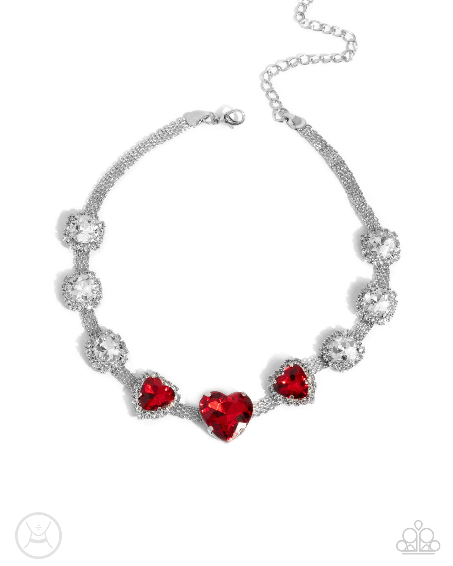 Valentines Vibe - Red Heart Rhinestone Silver Choker Necklace - Paparazzi Accessories