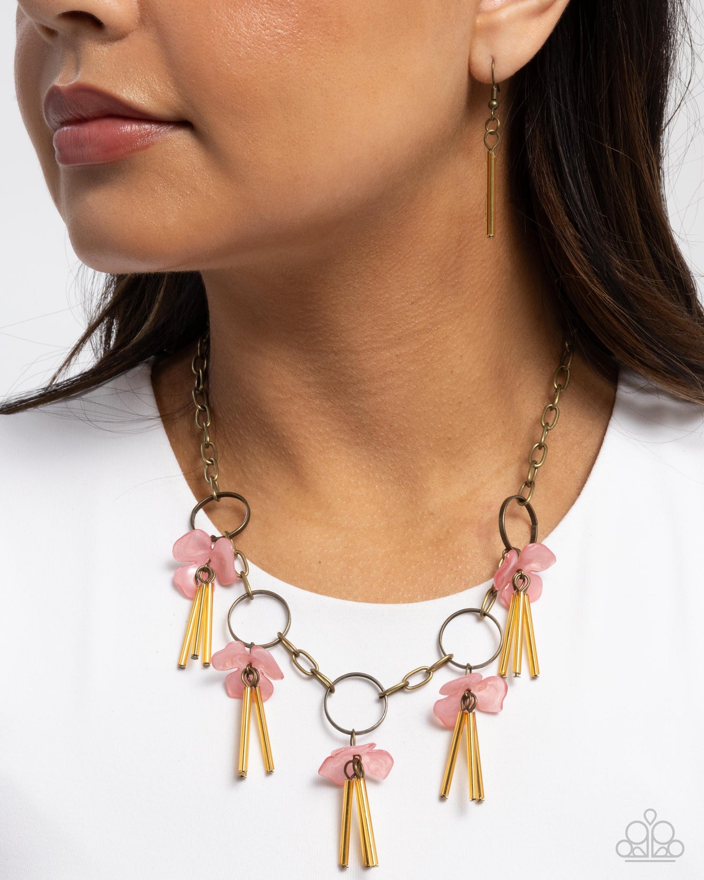 LEI of the Land - Brass & Pink Acrylic Flowers Necklace - Paparazzi Accessories