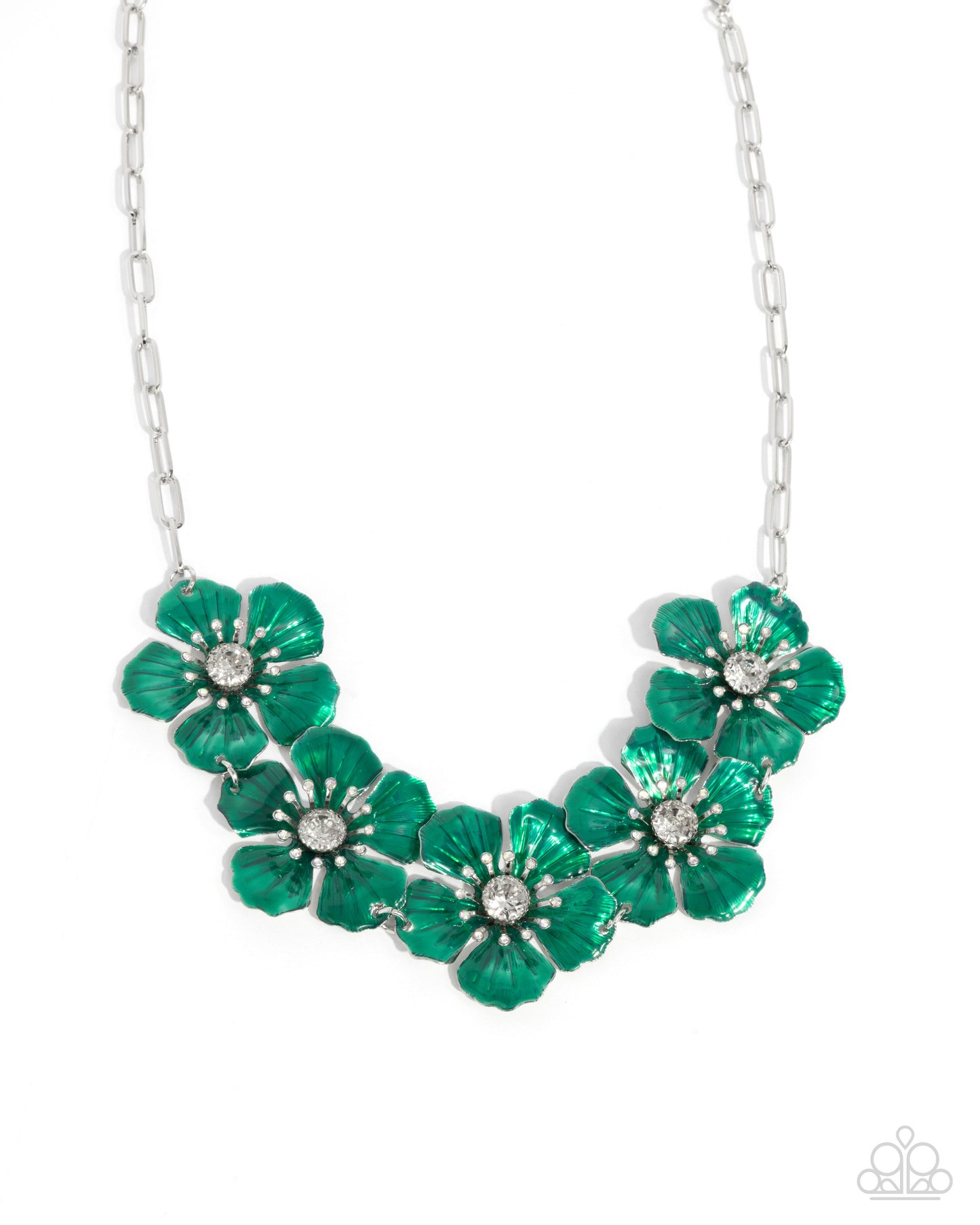 Eternal Efflorescence - Green Painted Flowers Silver Necklace - Paparazzi Accessories