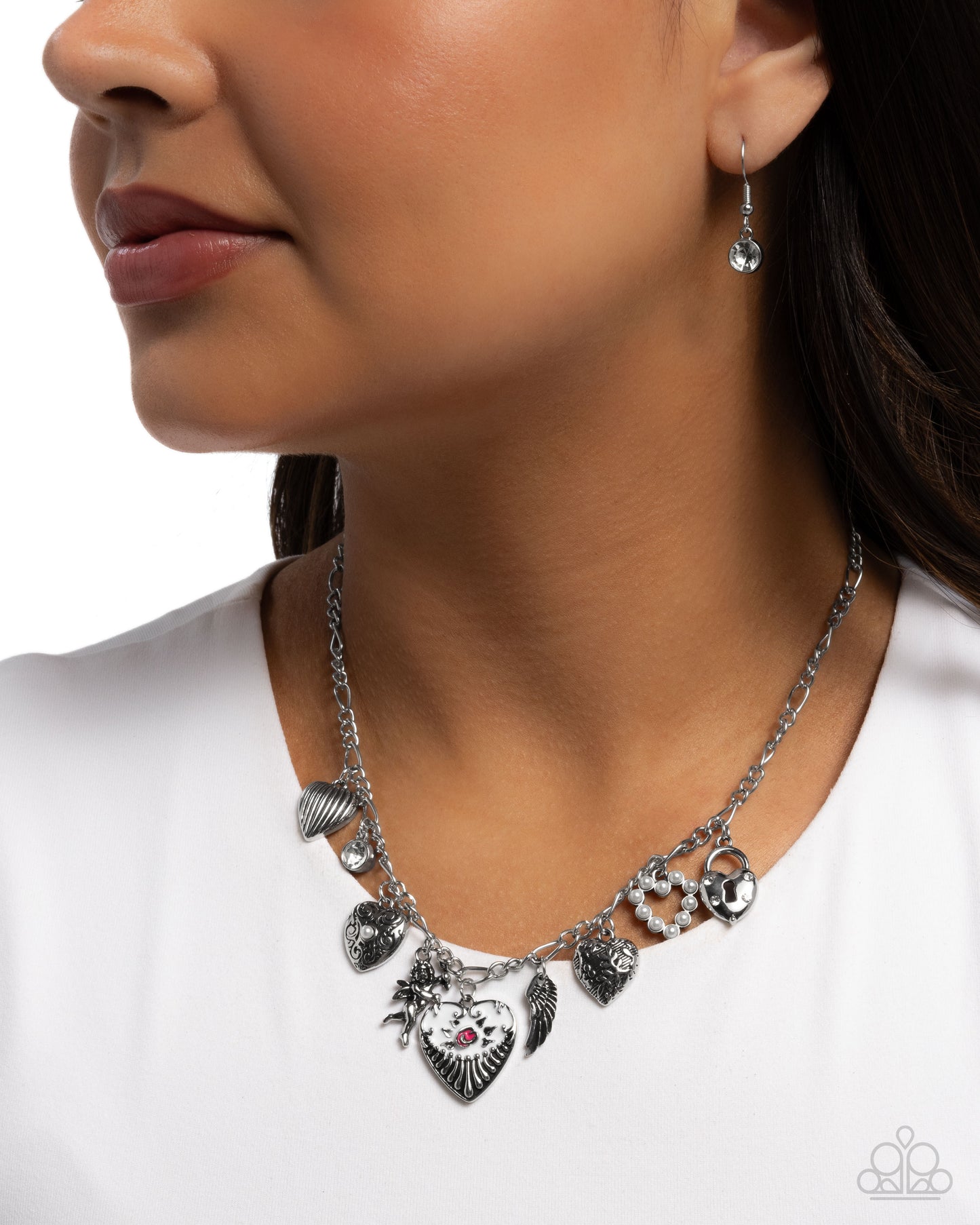 Caring Collection - White Valentine's Inspired Silver Charm Necklace - Paparazzi Accessories
