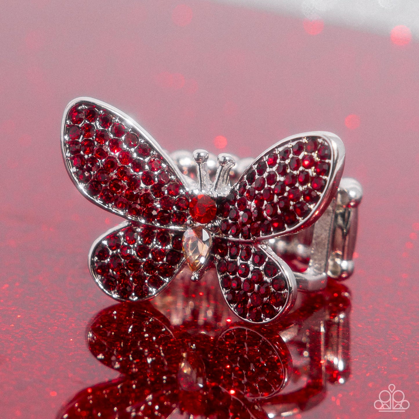 Admirable Ascension - Red Rhinestone Silver Butterfly Ring - Paparazzi Accessories