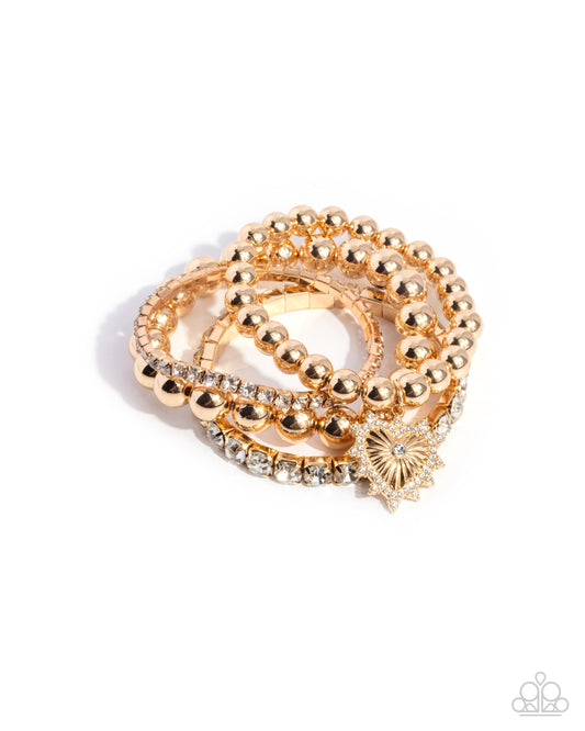 Excessive Elegance - Gold Heart Charm Stretchy Bracelets - Paparazzi Accessories