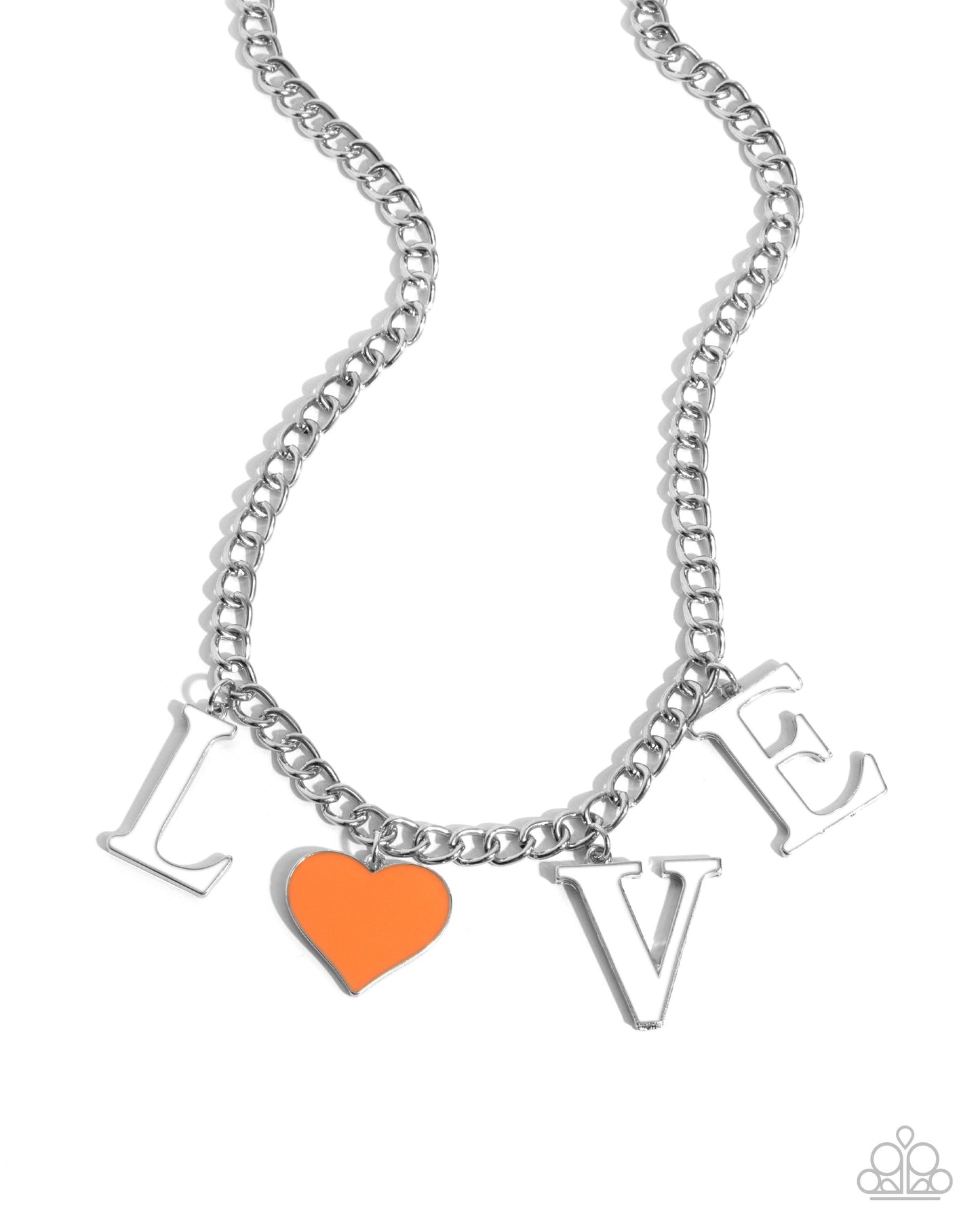 Lovely Lineup - Orange Enamel Heart "LOVE" Silver Necklace - Paparazzi Accessories