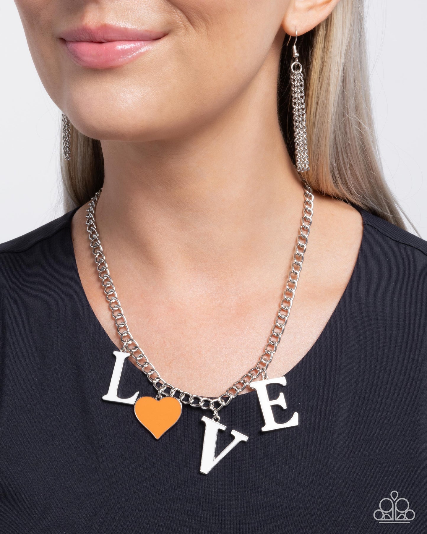 Lovely Lineup - Orange Enamel Heart "LOVE" Silver Necklace - Paparazzi Accessories