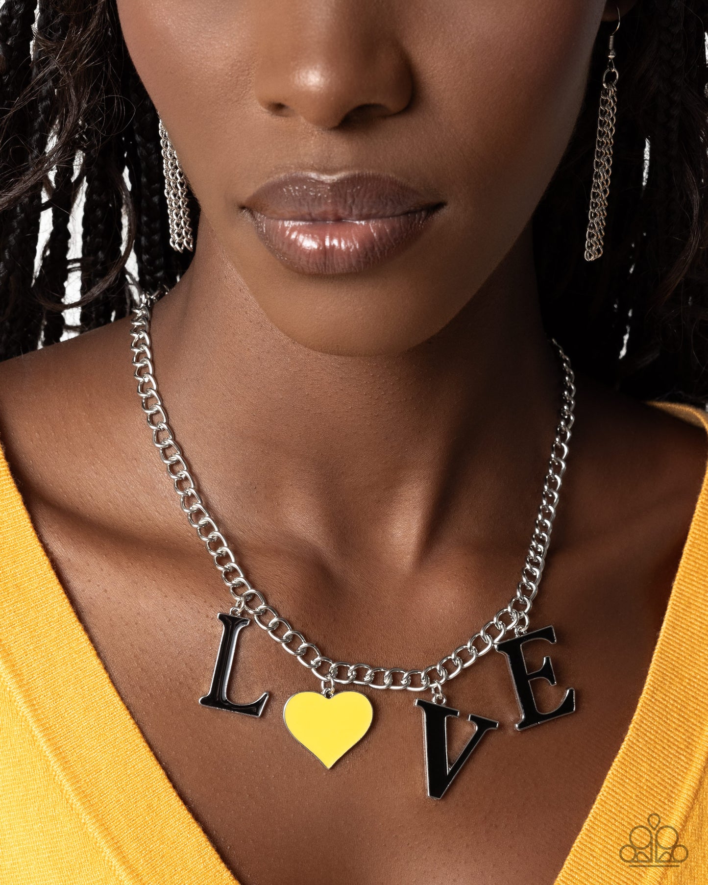 Lovely Lineup - Yellow Enamel Heart "LOVE" Silver Necklace - Paparazzi Accessories