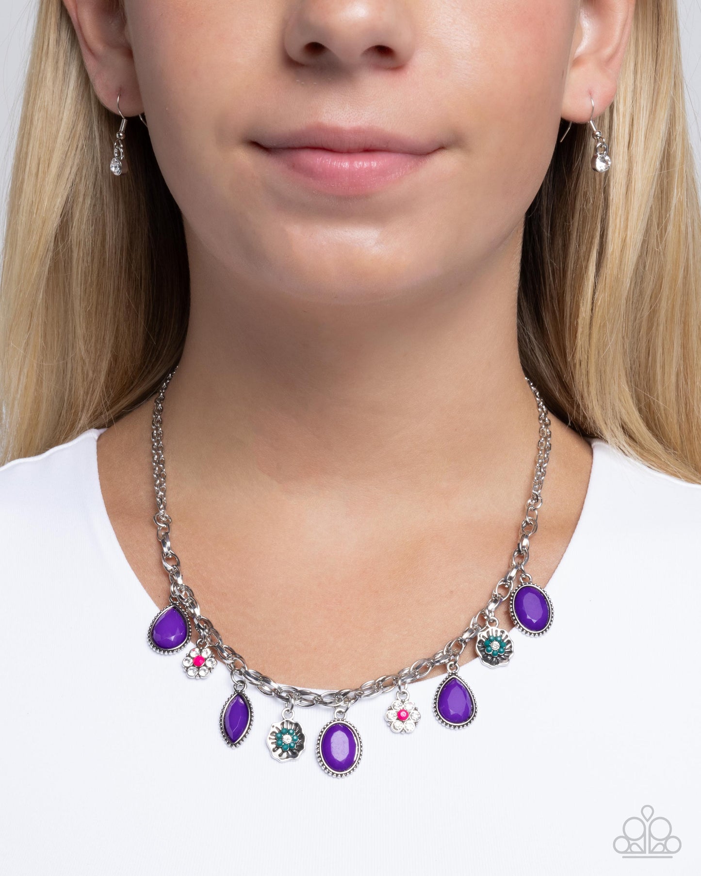 Fancy Finish - Purple Acrylic Charms Silver Necklace - Paparazzi Accessories