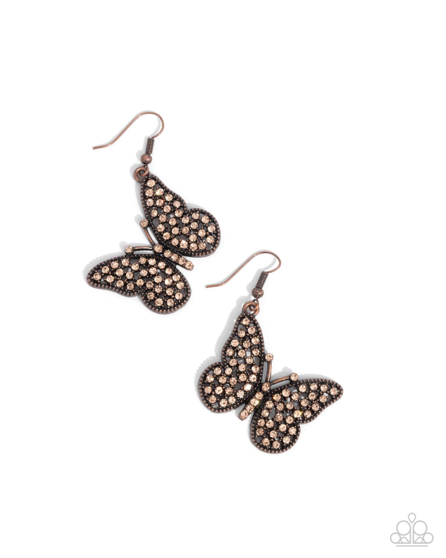 Aerial Audience - Copper Light Peach Rhinestone Butterfly Fishhook Earrings - Paparazzi Accessories