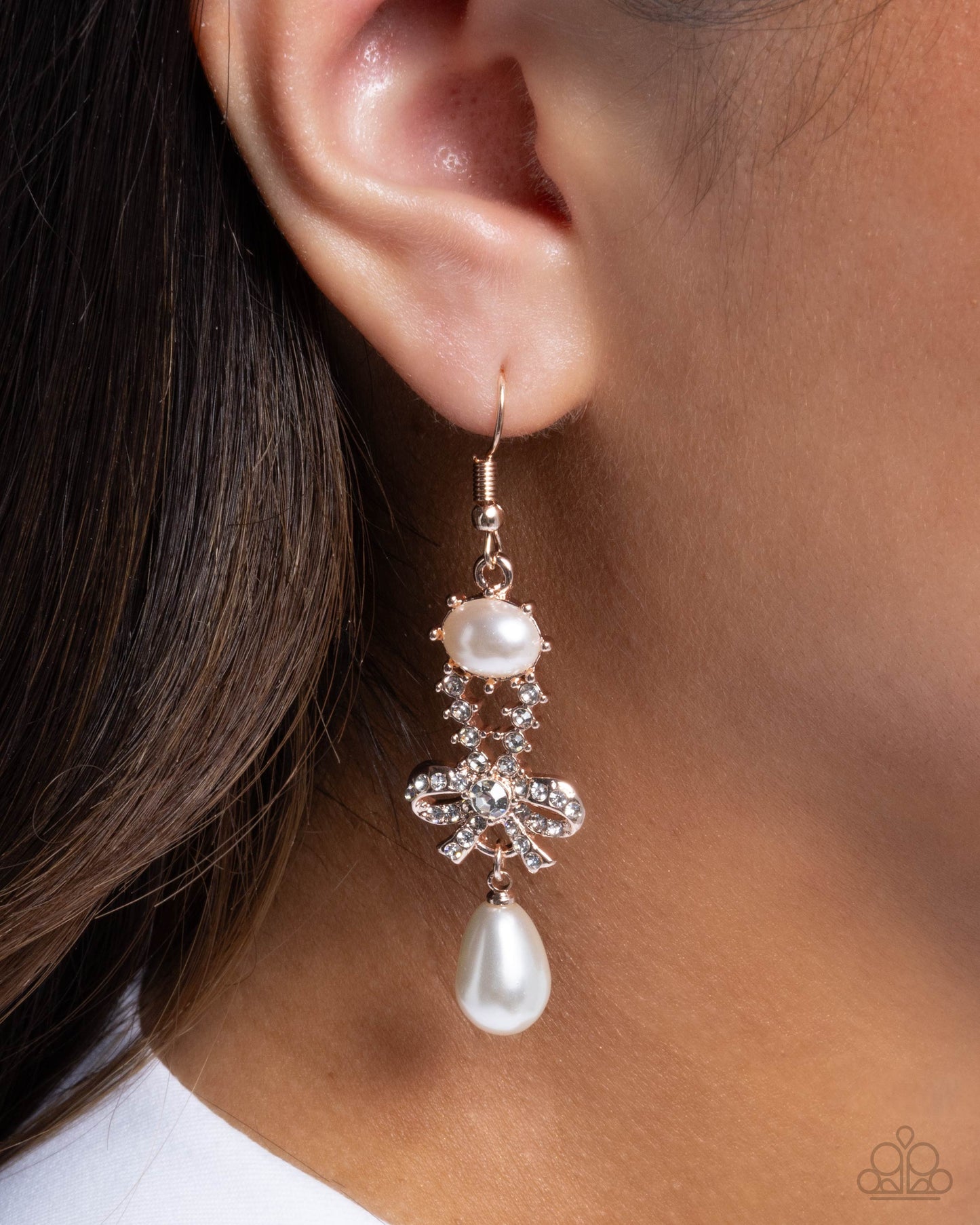 Alluring Advocate - Rose Gold Pearl and Rhinestone Fish Hook Back Earrings - Paparazzi Accessories