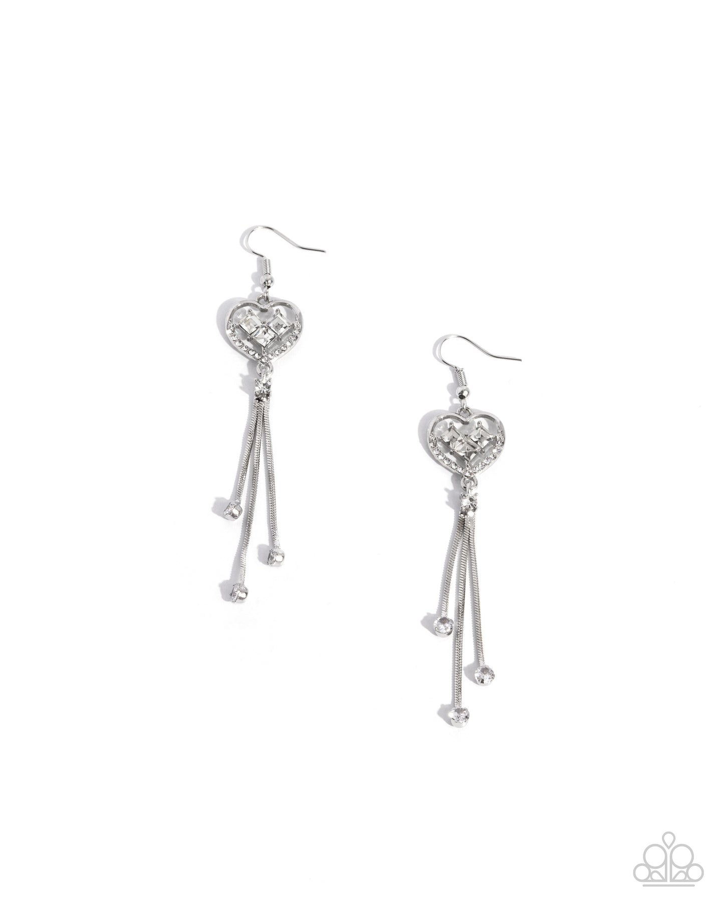 Cascading Character - White Rhinestone Silver Heart Fishhook Earrings - Paparazzi Accessories