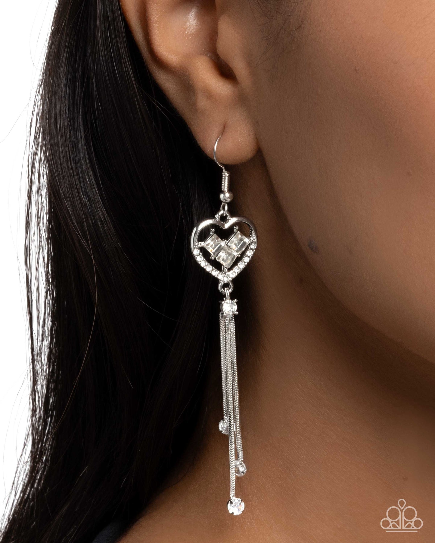 Cascading Character - White Rhinestone Silver Heart Fishhook Earrings - Paparazzi Accessories