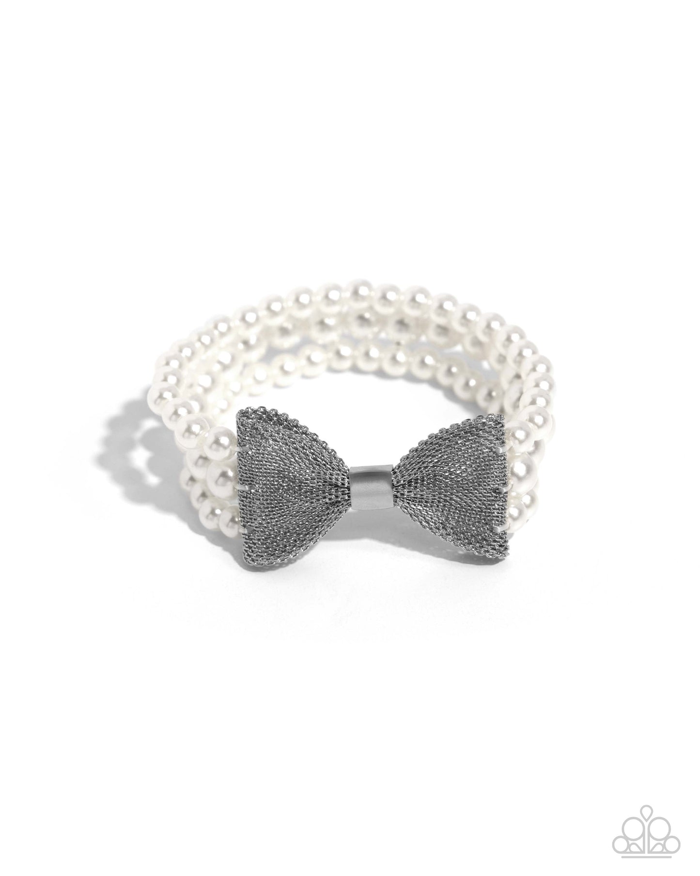 Dapper Dialogue - White Pearl Silver Bow Stretchy Bracelet - Paparazzi Accessories