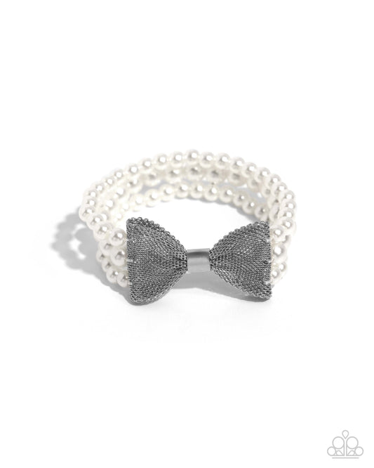 Dapper Dialogue - White Pearl Silver Bow Stretchy Bracelet - Paparazzi Accessories