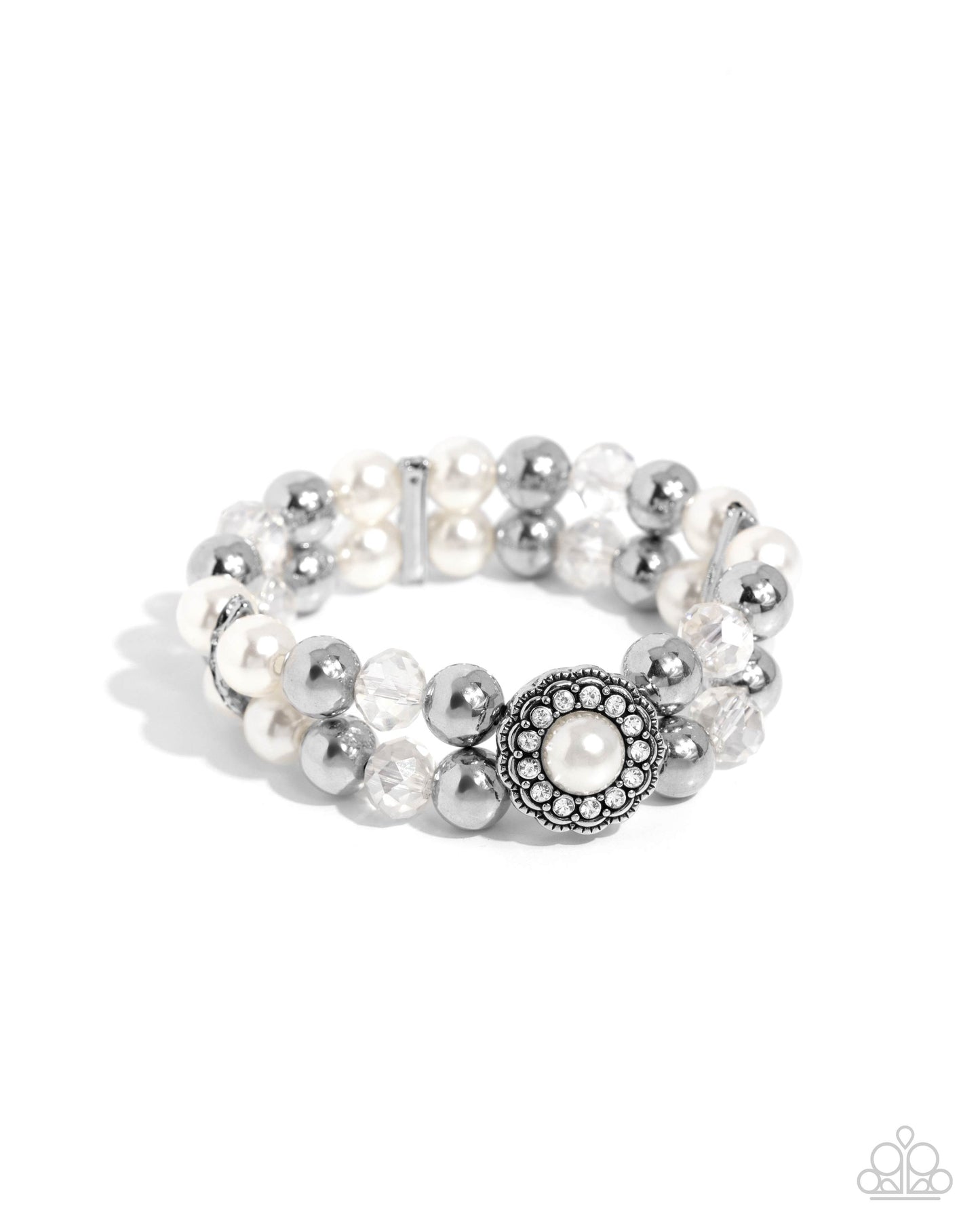 Retrograde Review - White Pearl Silver Stretchy Bracelet - Paparazzi Accessories