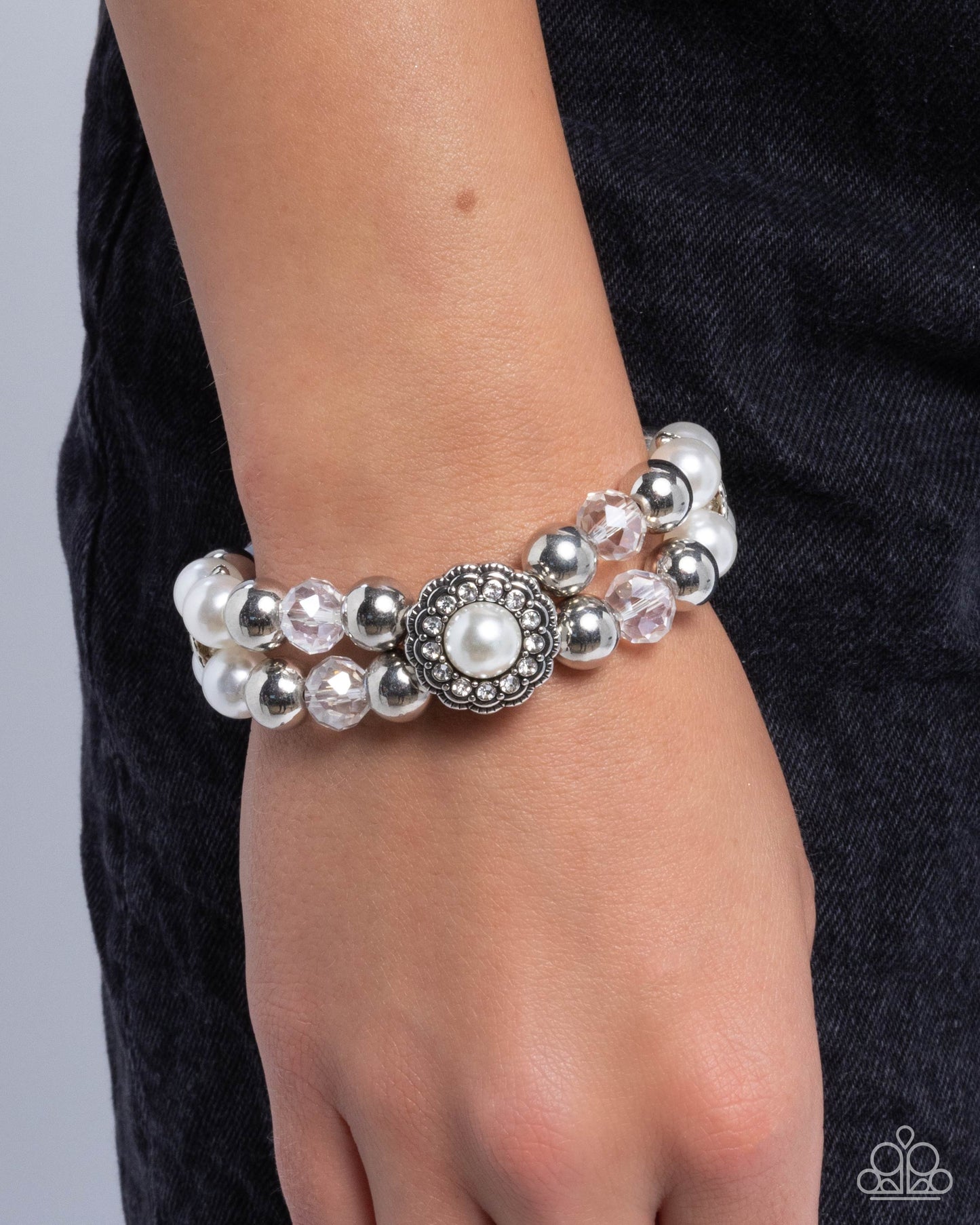 Retrograde Review - White Pearl Silver Stretchy Bracelet - Paparazzi Accessories