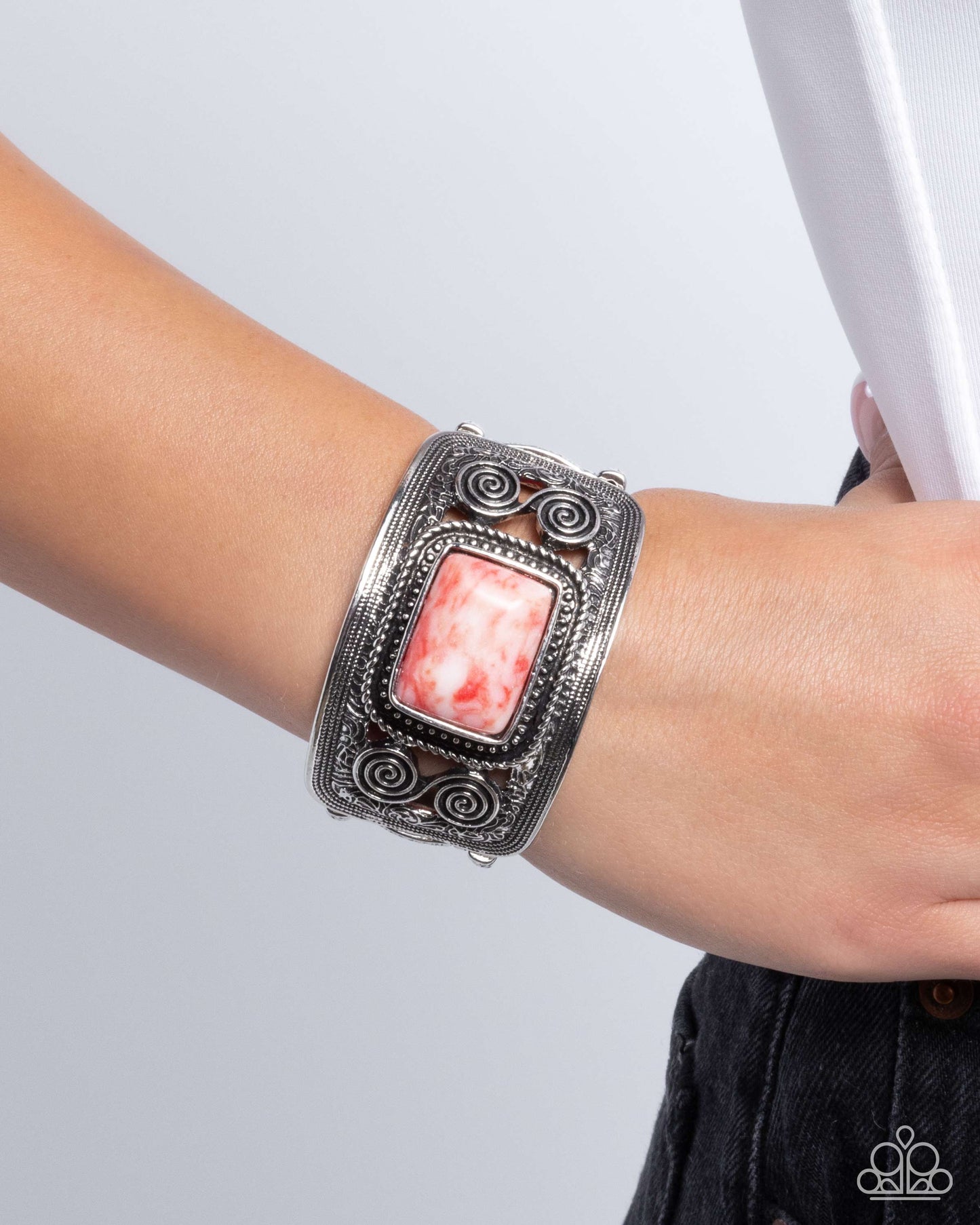 Rustic Reaction - Red Stone Silver Stretchy Bracelet - Paparazzi Accessories