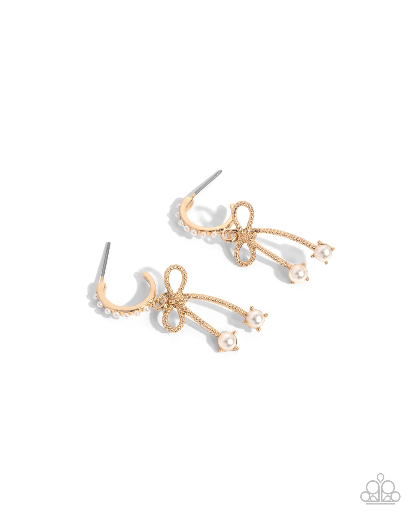 Charming Coquette - Gold & White Pearl Bow Drop Hoop Earrings - Paparazzi Accessories