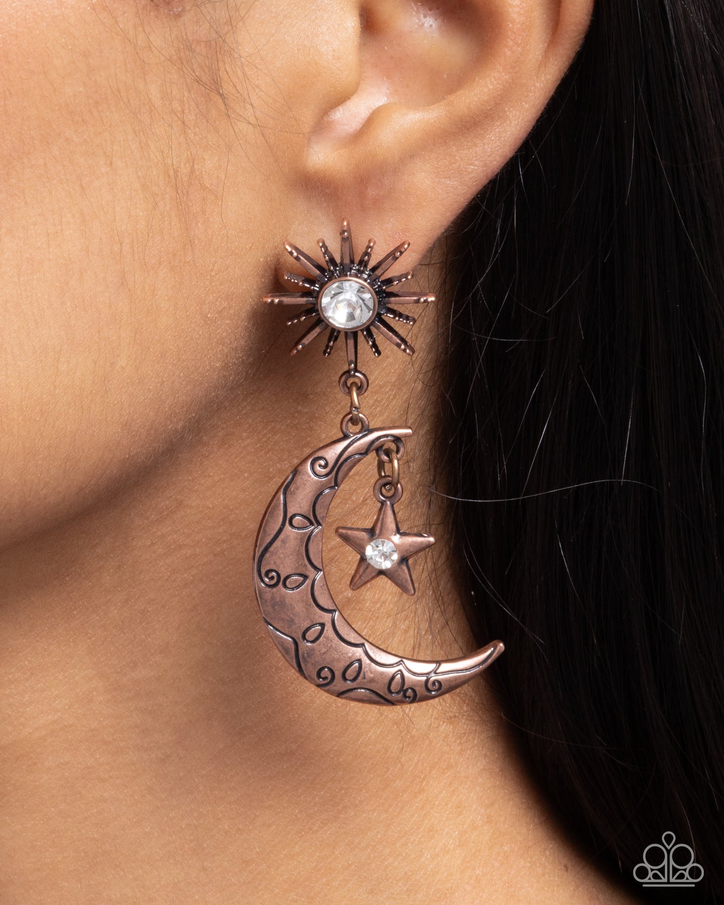 Cosmic Cutie - Copper Crescent Moon White Rhinestone Post Earrings - Paparazzi Accessories
