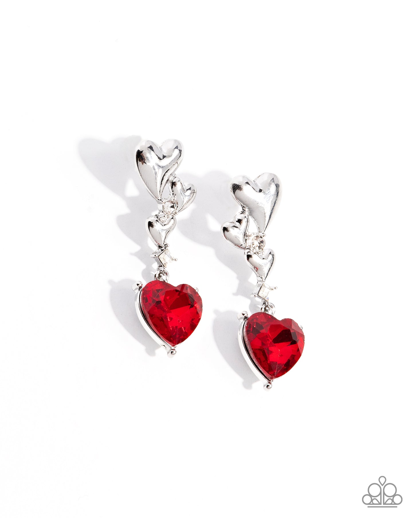 Valentines Vaudeville - Red Rhinestone Silver Heart Post Earrings - Paparazzi Accessories