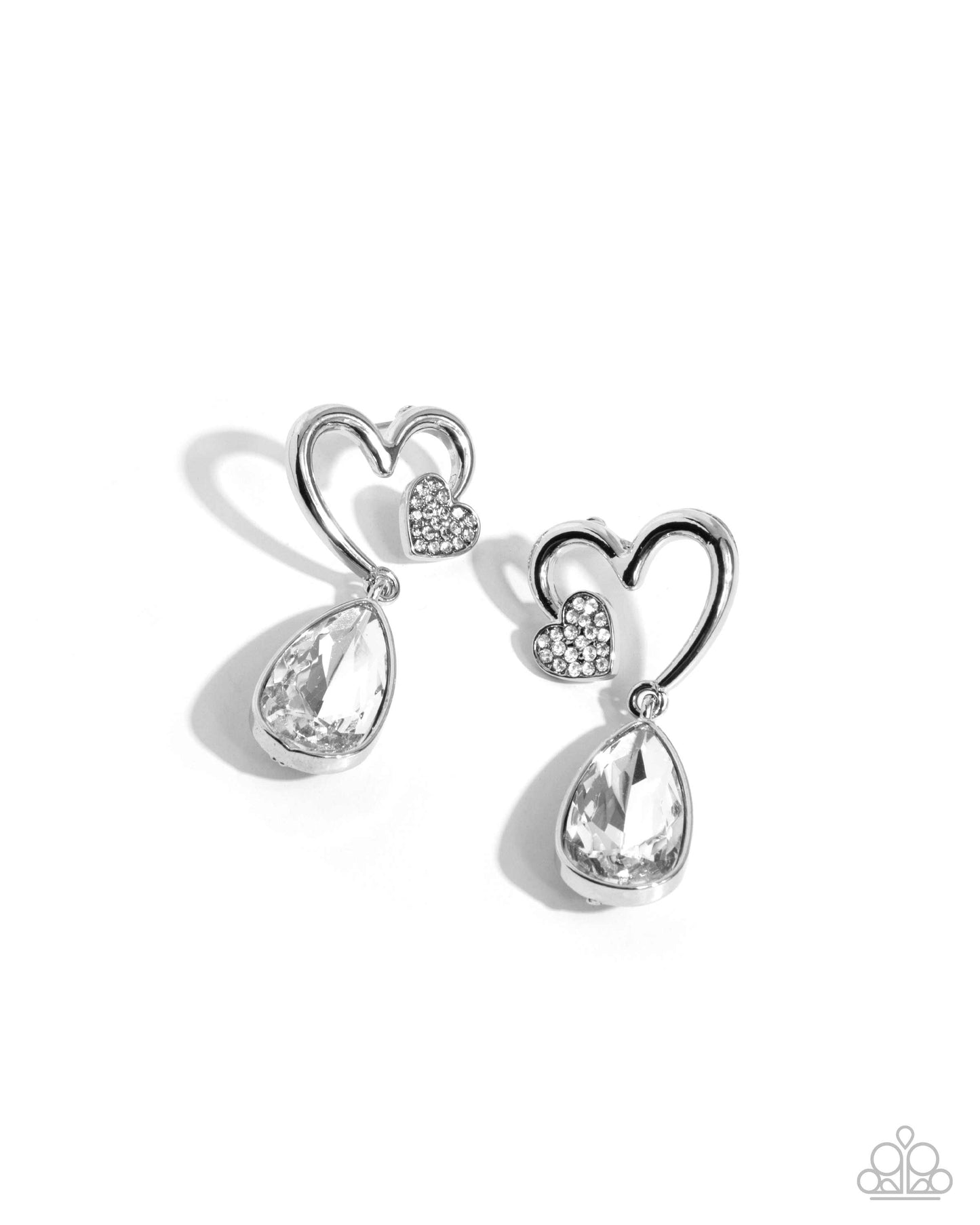 Coupling Up - White Rhinestone Teardrop Silver Heart Post Earrings - Paparazzi Accessories
