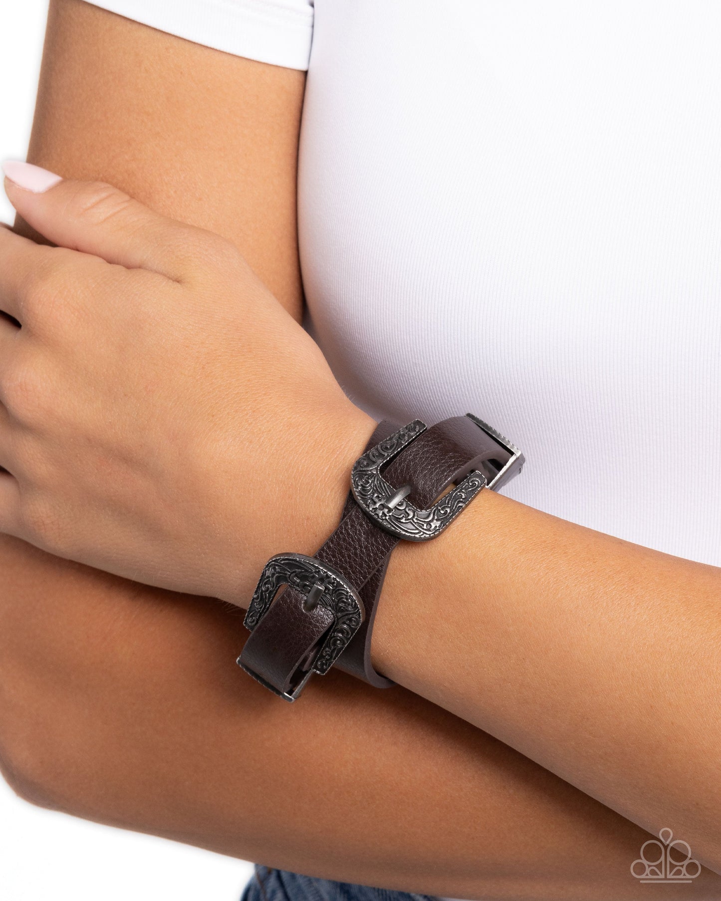 Buckle TOWN - Brown Leather Silver Buckle Bracelet - Paparazzi Accessories