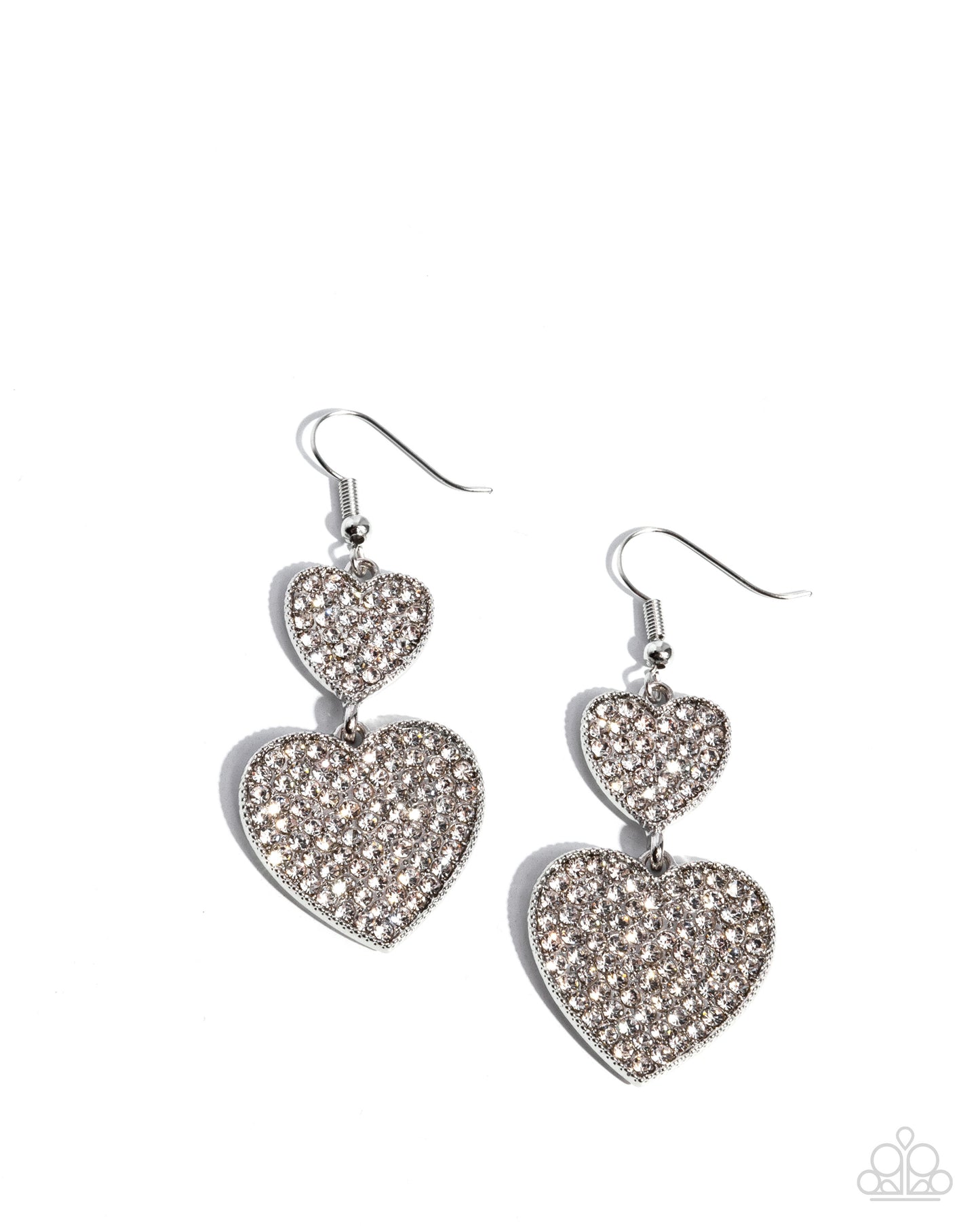 You Make My Heart Glow - White Rhinestone Silver Hearts Fishhook Earrings - Paparazzi Accessories