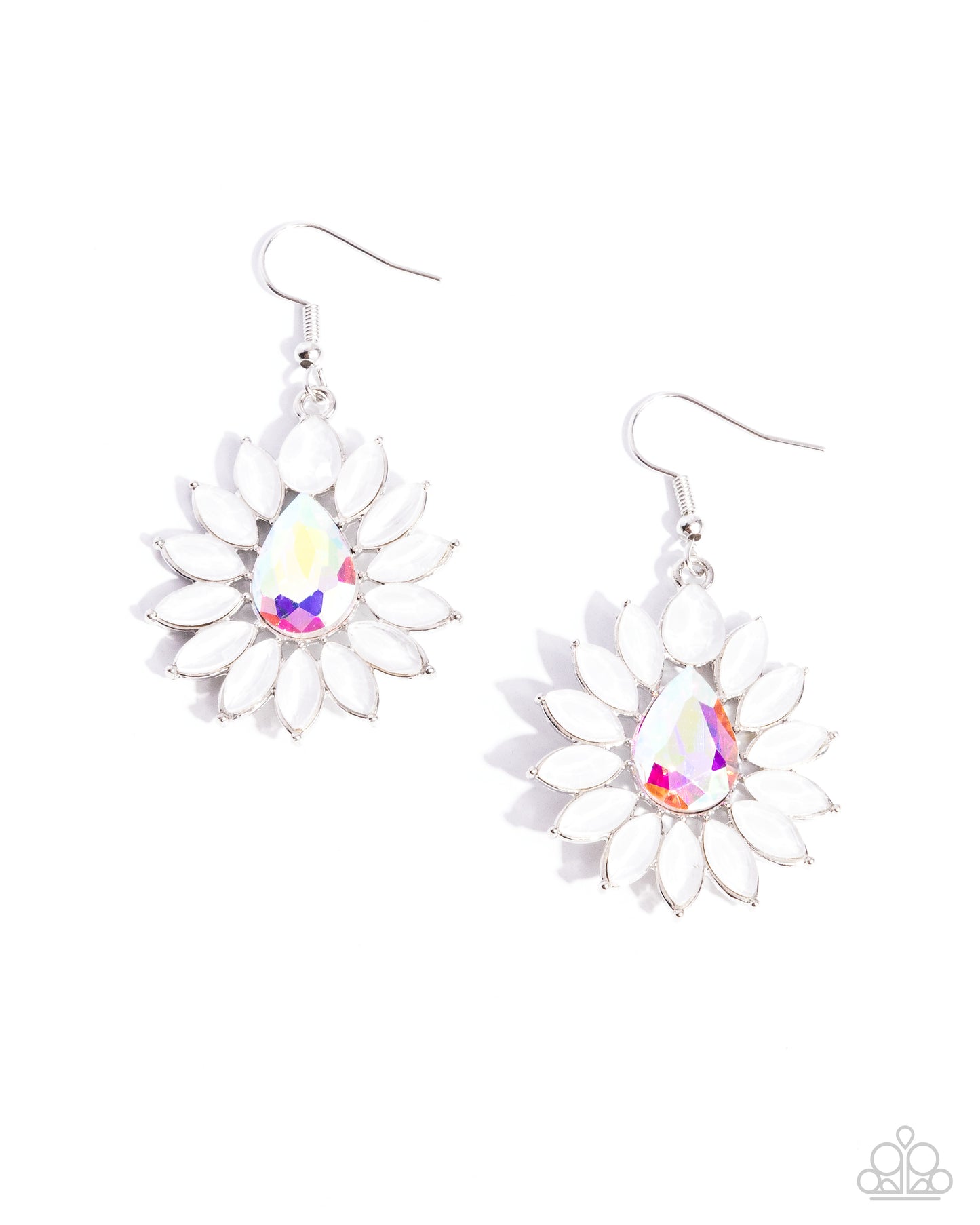 Giddy Generosity - White Iridescent Rhinestone Silver Fishhook Earrings - Paparazzi Accessories