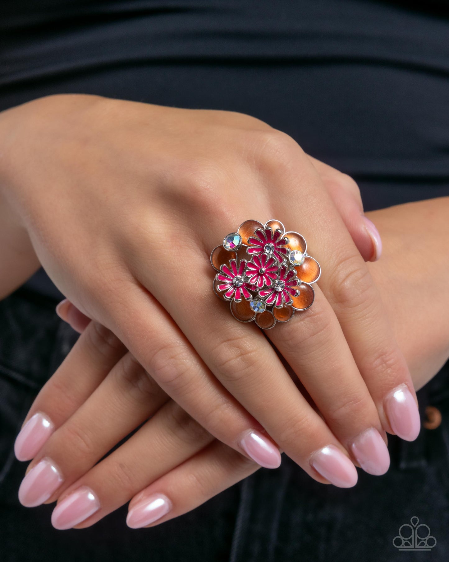 Boisterous Bouquet - Orange Enamel Flowers Silver Ring - Paparazzi Accessories