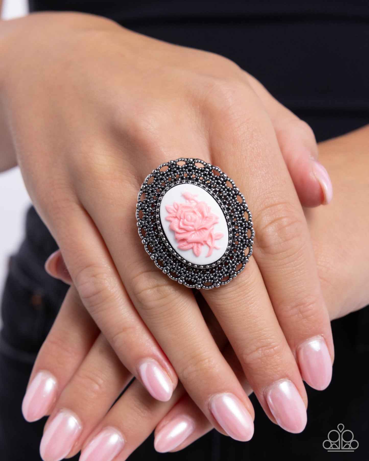Blooming Brooch - Pink Acrylic Rose Silver Filigree Ring - Paparazzi Accessories